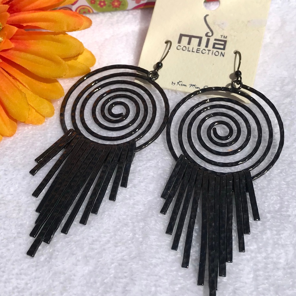 Boho Earrings Tribal Fringe Dark Silvertone Dangle